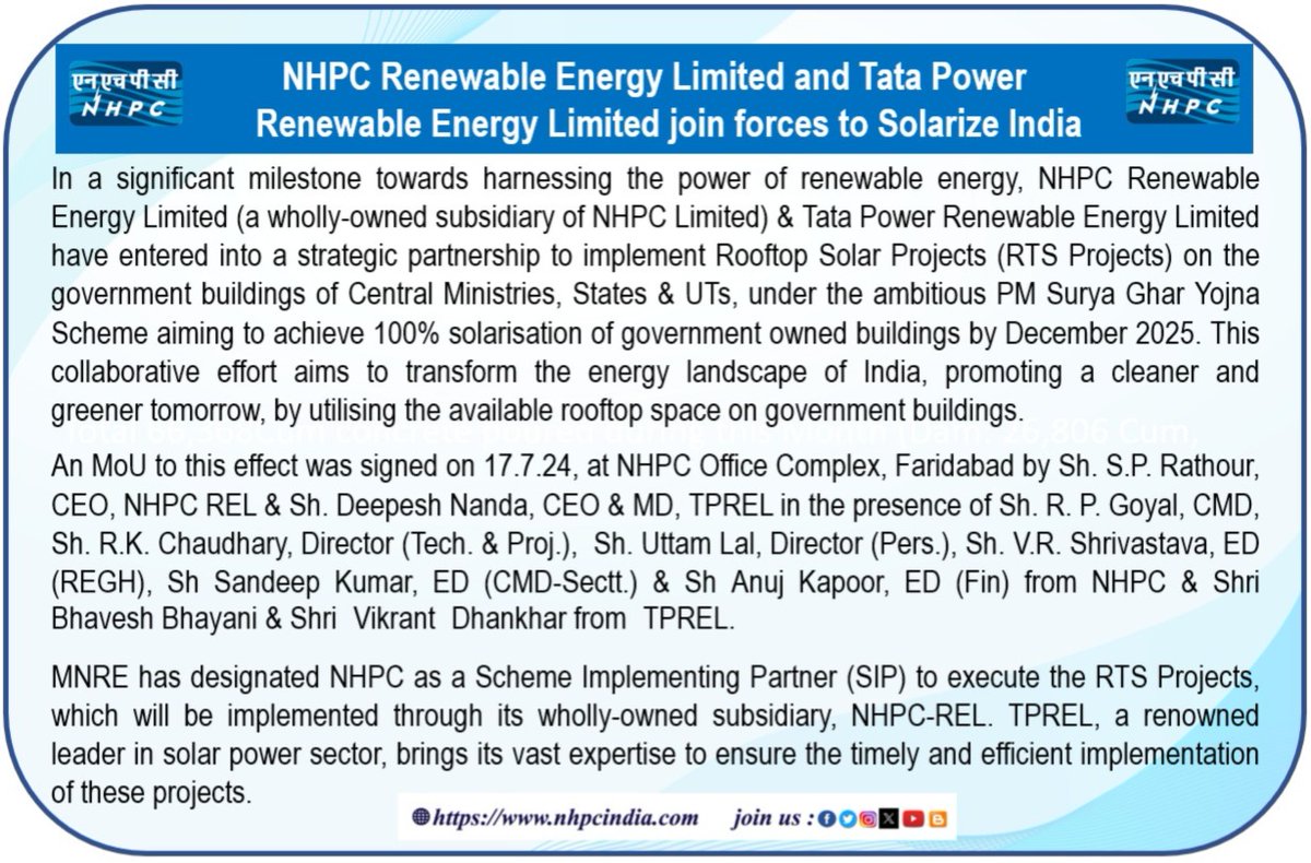 nhpcltd's tweet photo. NHPC Renewable Energy Limited and Tata Power Renewable Energy Limited join forces to Solarize India #RenewableEnergy #Sustainability #energy #hydropower #nhpclimited @MinOfPower @PIB_India https://t.co/Gv3X5rp1Fa