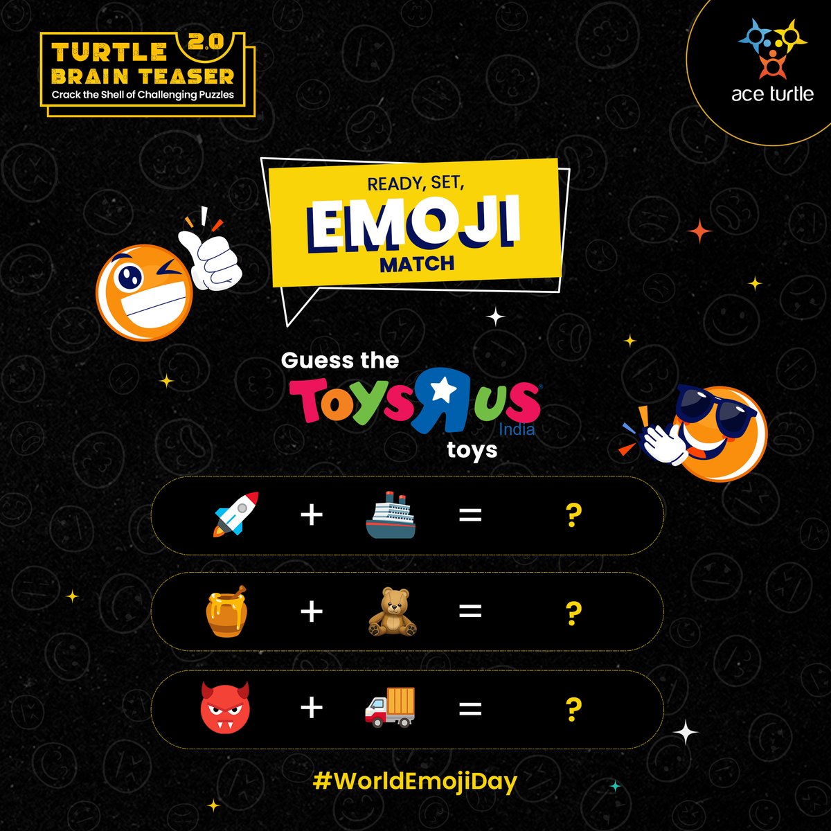 _AceTurtle's tweet photo. Guess the TRU toys from these emojis & get a chance to win exciting #merchandise!๐
To participate:
1. Follow @_AceTurtle & reshare this on your X feed
2. Guess the toys & comment belowโ
3. Tag 3 of your friends
Last date for contest closure: 24th July 2024
#WorldEmojiDay https://t.co/0QFF09Jwct
