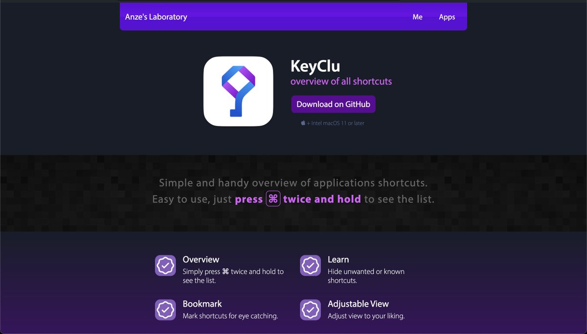 alfredtricks's tweet photo. Remembering your keyboard shortcuts has never been easier with KeyClu! 

Press the Cmd key twice to get an overview of the keyboard shortcuts of the frontmost application.

That's a FREE little tool amazingly well designed.

Source: https://t.co/OKv6xL92Ee https://t.co/lYoVPkrZ3W