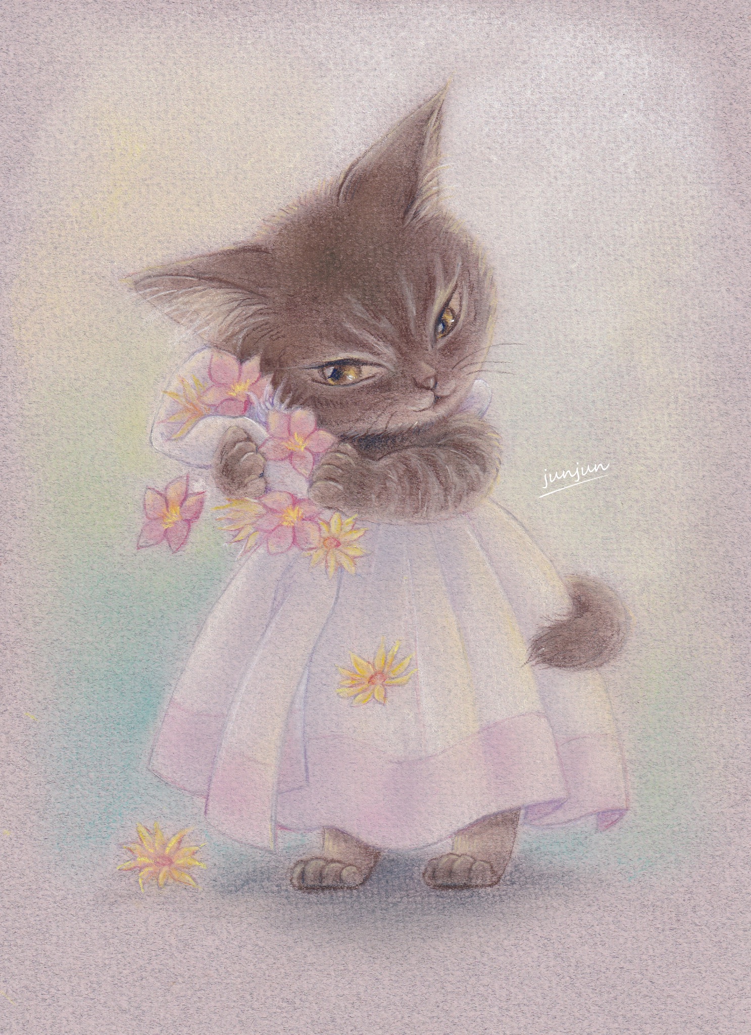 ✨【原画】『庭園でダンス』（絵画　パステル画　パピヨン　植物画　動物画　犬の絵） ✨【原画】『庭園でダンス』（絵画 パステル画 パピヨン 植物画