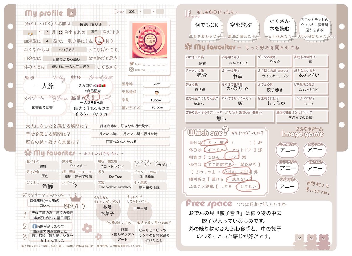 プロフ帳書いた テンプレートをお借りして書いてみました。こういう