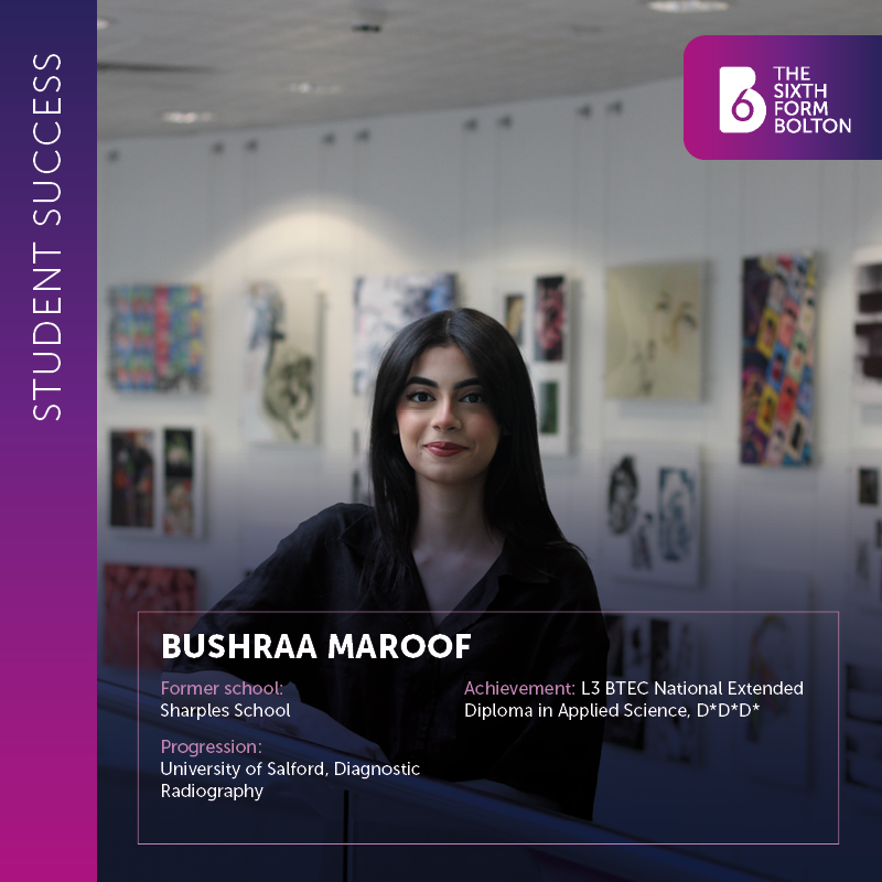 thesixthformB6's tweet photo. 🌟 STUDENT SUCCESS 🌟
Former @SharplesSchool student, Bushraa, achieved Triple Distinction * in her Triple Vocational Level 3 Applied Science and is now studying Diagnostic Radiography at @SalfordUni
#B6Success https://t.co/WZ1IuMXWnc