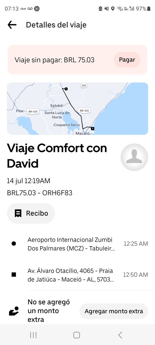 Motorista uber me estafo pague el viaje en efectivo c 100 reales, me acredito 24,75 en credito y luego me figuro el viaje sin pagar y no tenia mas el credito <a href="/PrefMaceio/">Prefeitura de Maceió</a> <a href="/Uber_Brasil/">Uber Brasil</a> <a href="/Uber_Support/">Uber Support</a> viaje desde aeropuerto de maceio - hotel #estafauber no voy a pagar