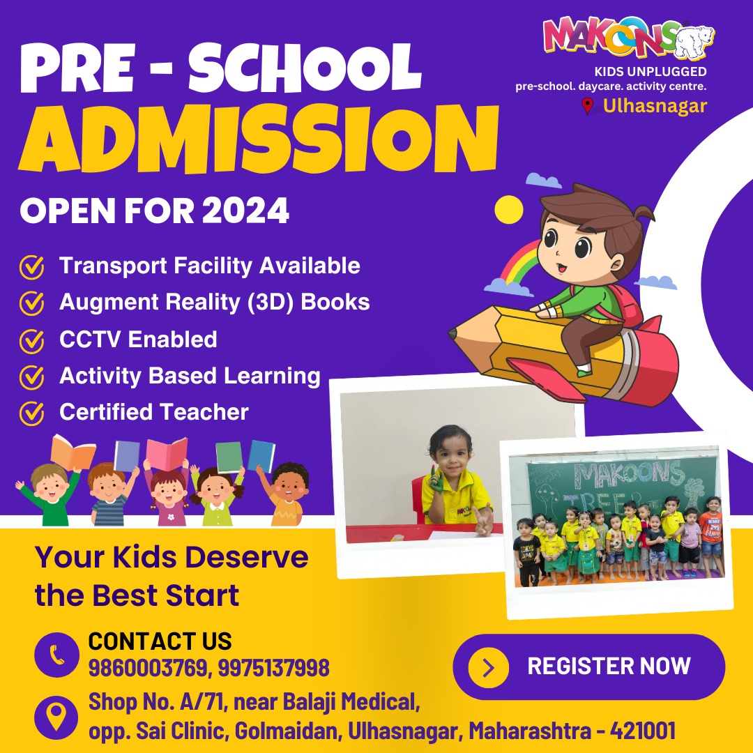 Makoonsulhasngr's tweet image. ✨ Enroll your little one in an unforgettable learning journey! Preschool admissions now open for 2024.  📚🎨
.
.
📞 Call us at 9860003769. 

📍 Location: Shop No. A/71, near Balaji Medical, opp. Sai Clinic, Golmaidan, Ulhasnagar, Maharashtra 421001