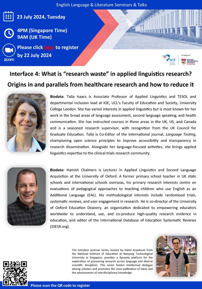 📢Excited to invite you to Interface 4, on July 23!

Dr <a href="/TaliaIsaacs/">Talia Isaacs</a>  &amp; Dr Hamish Chalmers will discuss "What is “research waste” in applied linguistics research? Origins in and parallels from healthcare research and how to reduce it". 📊

Registration: forms.office.com/pages/response…