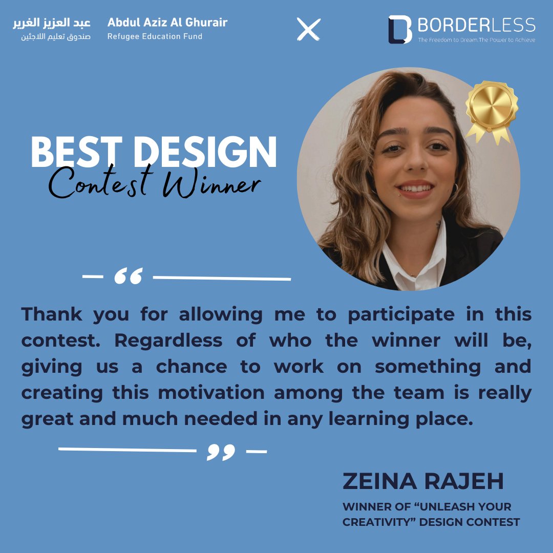 Borderlessngo's tweet photo. With the amazing support of the Abdul Aziz Al Ghurair Refugee Education Fund @AGFforE, Borderless proudly launched a Graphic Design Contest, giving students the chance to showcase their incredible new skills. https://t.co/tYjUKSTCTz