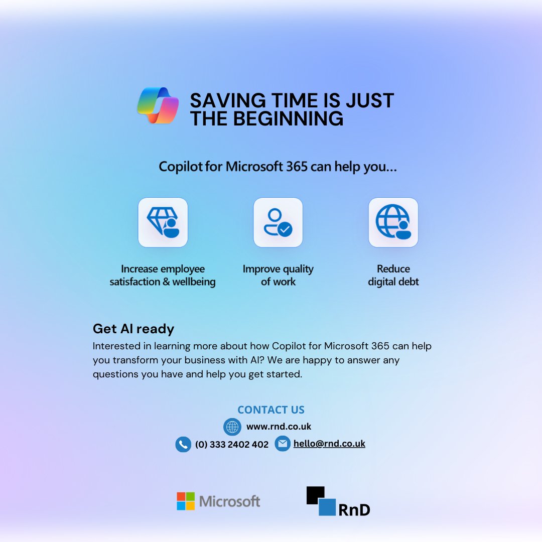 rndsystem's tweet photo. Curious about how Copilot for Microsoft 365 can revolutionize your business with AI? 🤖✨
We're here to help you get started on your journey to smarter workflows and increased productivity.
Drop your questions below :)

#Microsoft365 #AITransformation #Copilot #RnD https://t.co/Fc3UkL7UJF