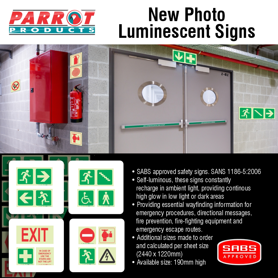 ParrotProducts's tweet photo. Light up your path to safety with our new Photo Luminescent Signs - Now available online!
#parrotproducts #signage #informationsigns
β’ SABS approved safety signs. SANS 1186-5:2006
β’ Self-luminous
β’ Available size: 190mm high
π https://t.co/8RuhtbJRMf https://t.co/HDggi8j5EQ