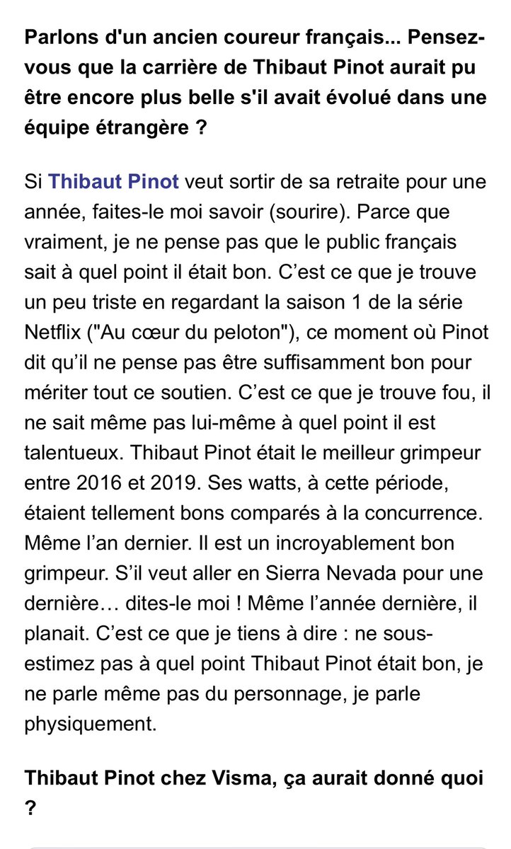 TousPoulidor's tweet photo. Patrick Broe de la direction sportive Visma-Lease a Bike sur Thibaut Pinot : « Le public français ne sait pas à quel point il était bon (…) il ne sait même pas lui-même à quel point il est talentueux. (…) Chez Ineos, il aurait gagné le Tour. Facilement. Il était tellement bon » https://t.co/KeDk1nsnCl
