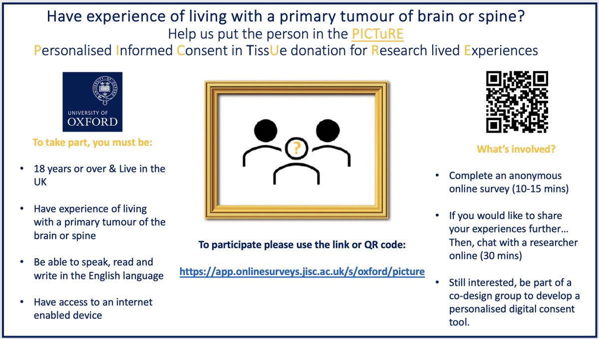 Do you have experience of living with a primary tumour of the brain or spine?  Interested in taking part in research? Click the link below to find out more: app.onlinesurveys.jisc.ac.uk/s/oxford/pictu… #PersonalisedCare #Consent #TalkTissueDonation