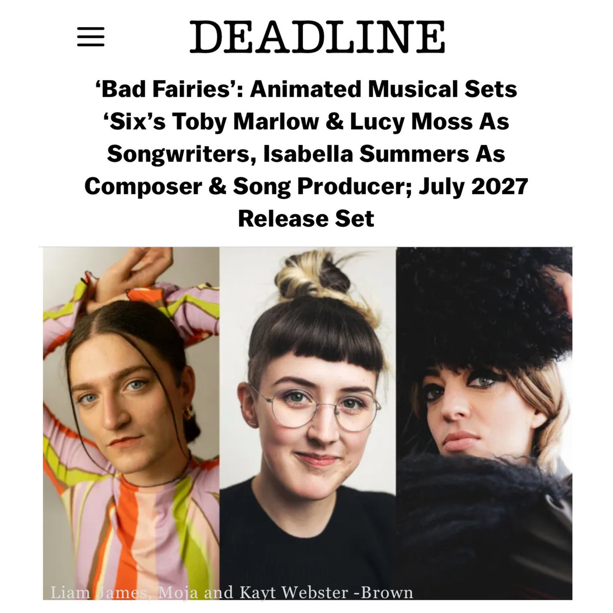 LSAnimation's tweet photo. Some really exciting news to share🧚We have teamed up with @SixBroadway co-creators #TobyMarlow and #LucyMoss @MucyLoss and Grammy-nominated composer Isabella Summers @isamachine (@florencemachine) for our new musical feature #BadFairies, scheduled to release July 23, 2027! https://t.co/gts3h0chyf
