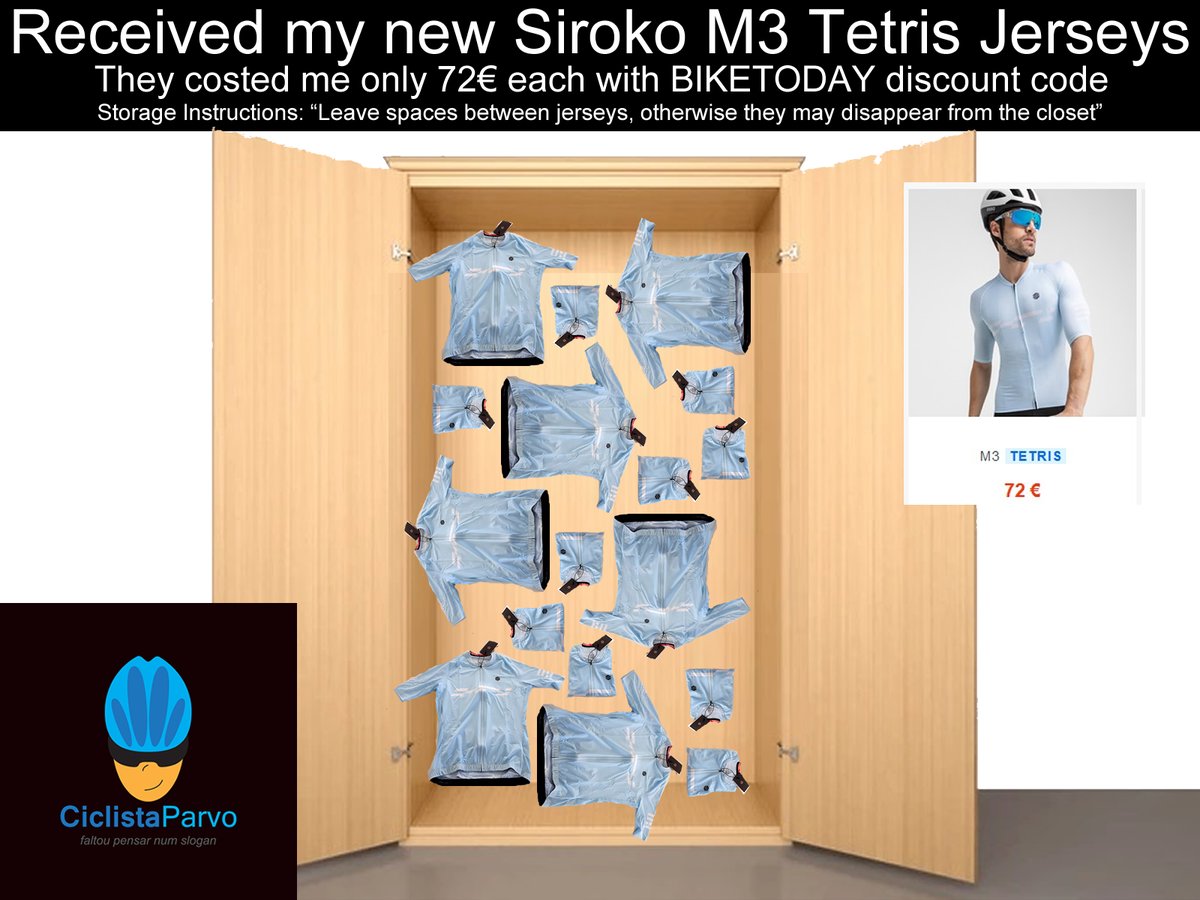 CiclistaParvo's tweet image. Received my new @sirokocom M3 Tetris Jerseys
They costed me only 72€ each with BIKETODAY discount code
Storage Instructions: &quot;Leave spaces between jerseys, otherwise they may disappear from the closet&quot;

#humor #fun #ciclistaparvo #cycling #bikes #memes #tetris #games #gaming