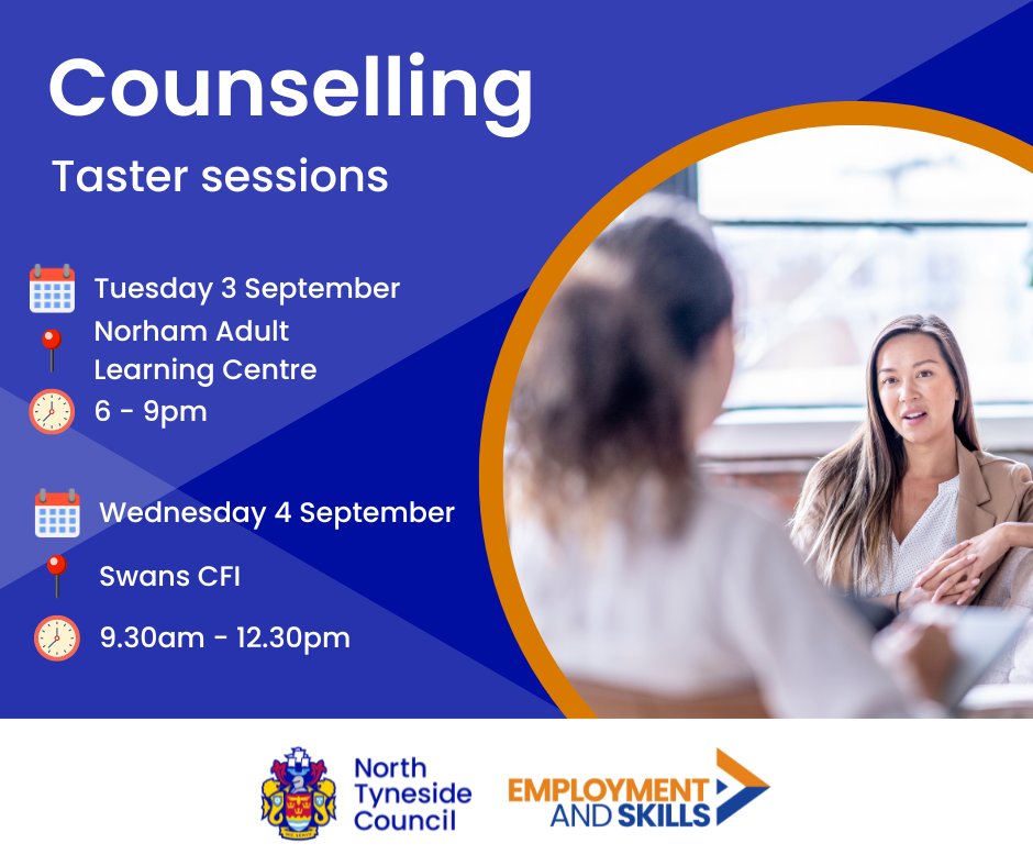 NTEmployment's tweet photo. 📣Are you interested in a career in counselling, but aren't sure how to get started?

Come to one of our taster sessions this summer to find out about our courses, and discover routes into a career.👇

Register your place:

📞01916432288
📧curriculum.support@northtyneside.gov.uk https://t.co/WtmJL3prOA