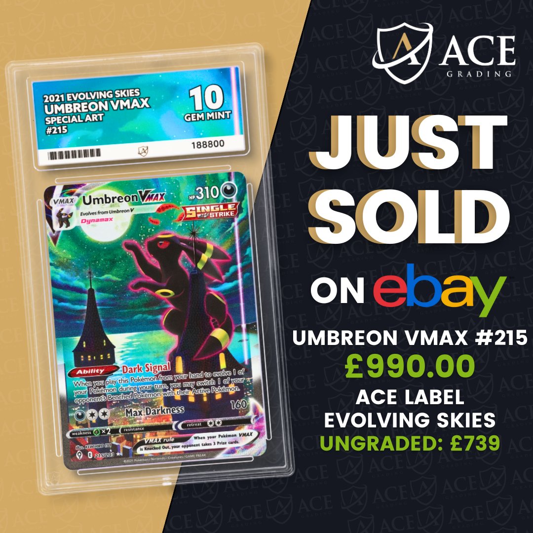 A Gem Mint Umbreon VMAX sold for 990, a significant increase when graded  at Ace, as an ungraded card sells for 739! #acegrading #pokemon