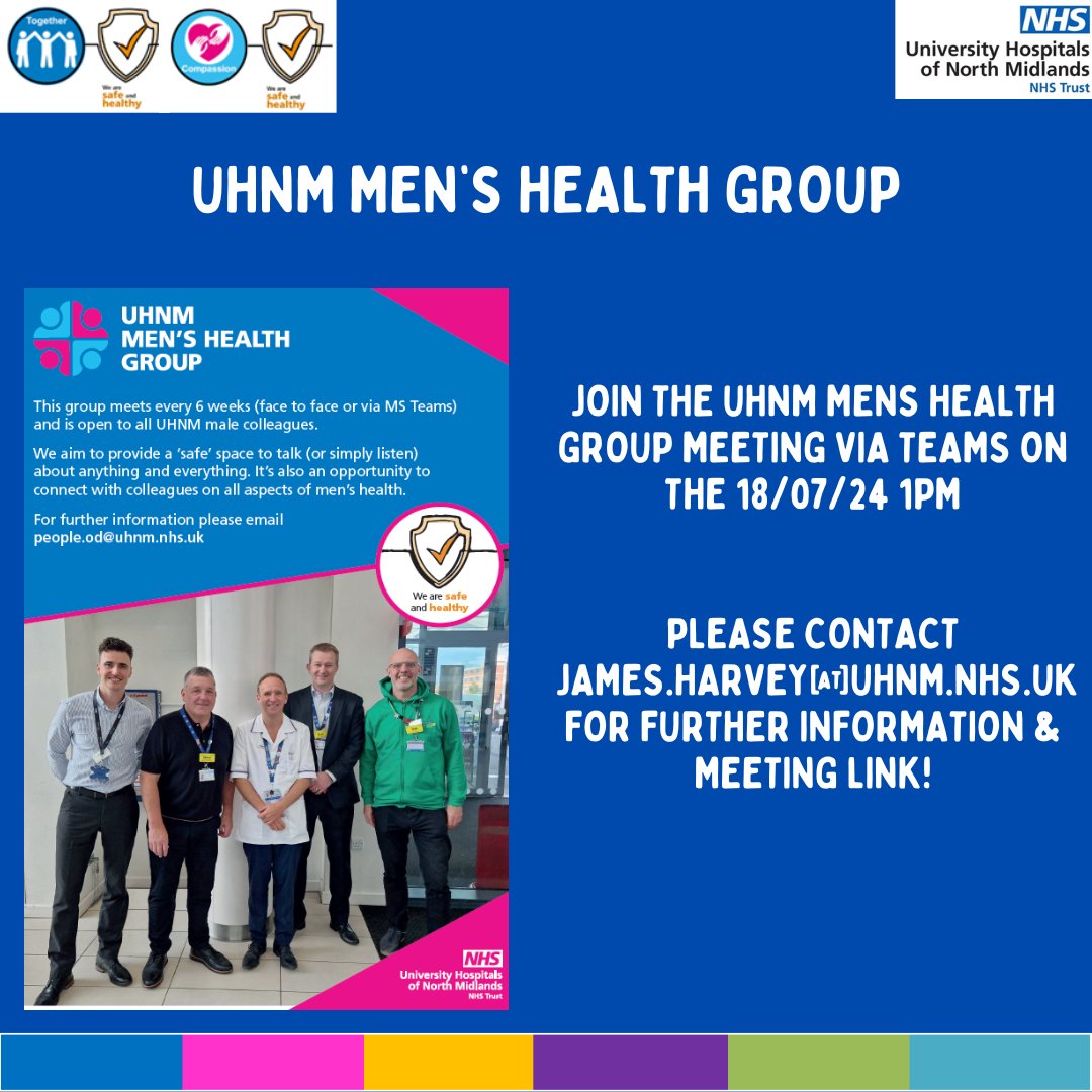 JHarvey1863's tweet photo. Reminder of our Men's Health Group catch up tomorrow (18/07 1pm) via Teams! Please spread the word! #UHNM #MensHealthGroup #Wellbeing #SupportingMen #SelfCare #WeAreSafeAndHealthy https://t.co/YmyKnUPfBn