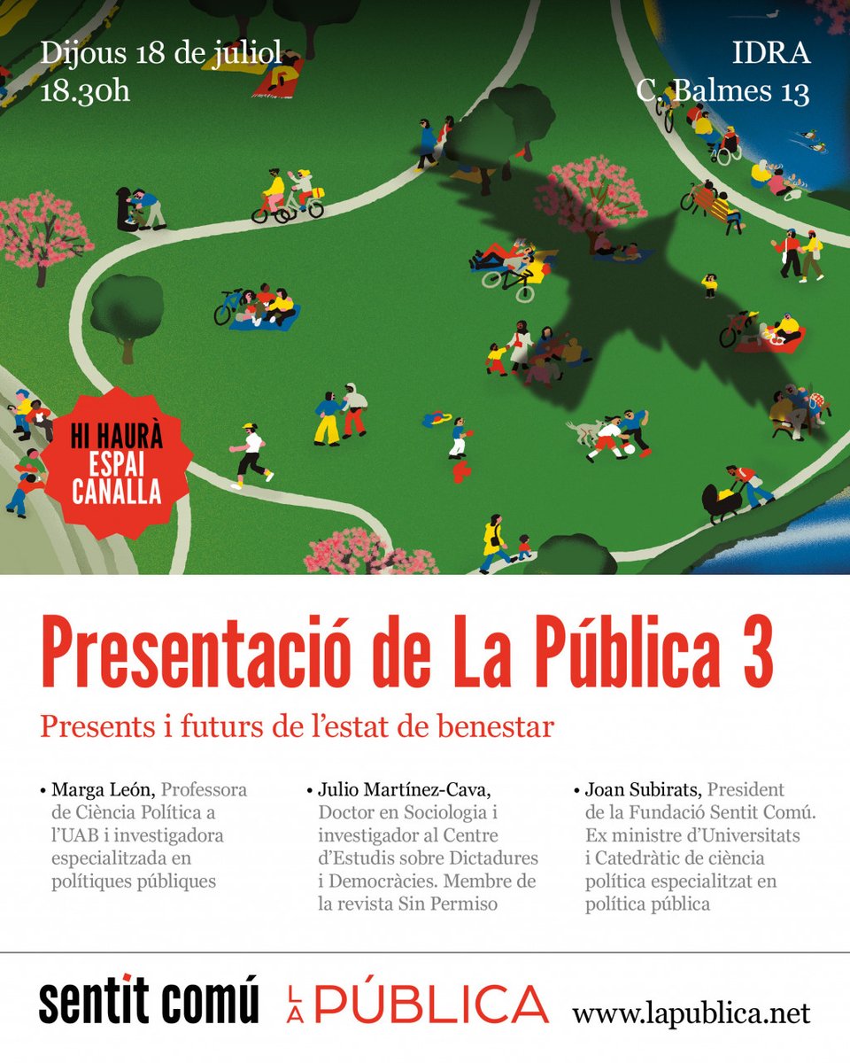📢Com sorgeix l'estat del benestar? Quines estratègies i institucions podem imaginar per garantir els drets fonamentals?

🗣️En parlem demà dijous a 18.30 a
<a href="/idrabcn/">IDRA</a> (c/Balmes, 13) amb <a href="/subirats9/">joan subirats</a>, <a href="/juliomtzcava/">Julio Martínez-Cava</a>, @leon_marga i <a href="/RubenMartinez/">Rubén Martínez Moreno | rubenmartinezm.bsky.social</a> 

👨‍👧‍👧Envieu-nos DM si veniu amb infants