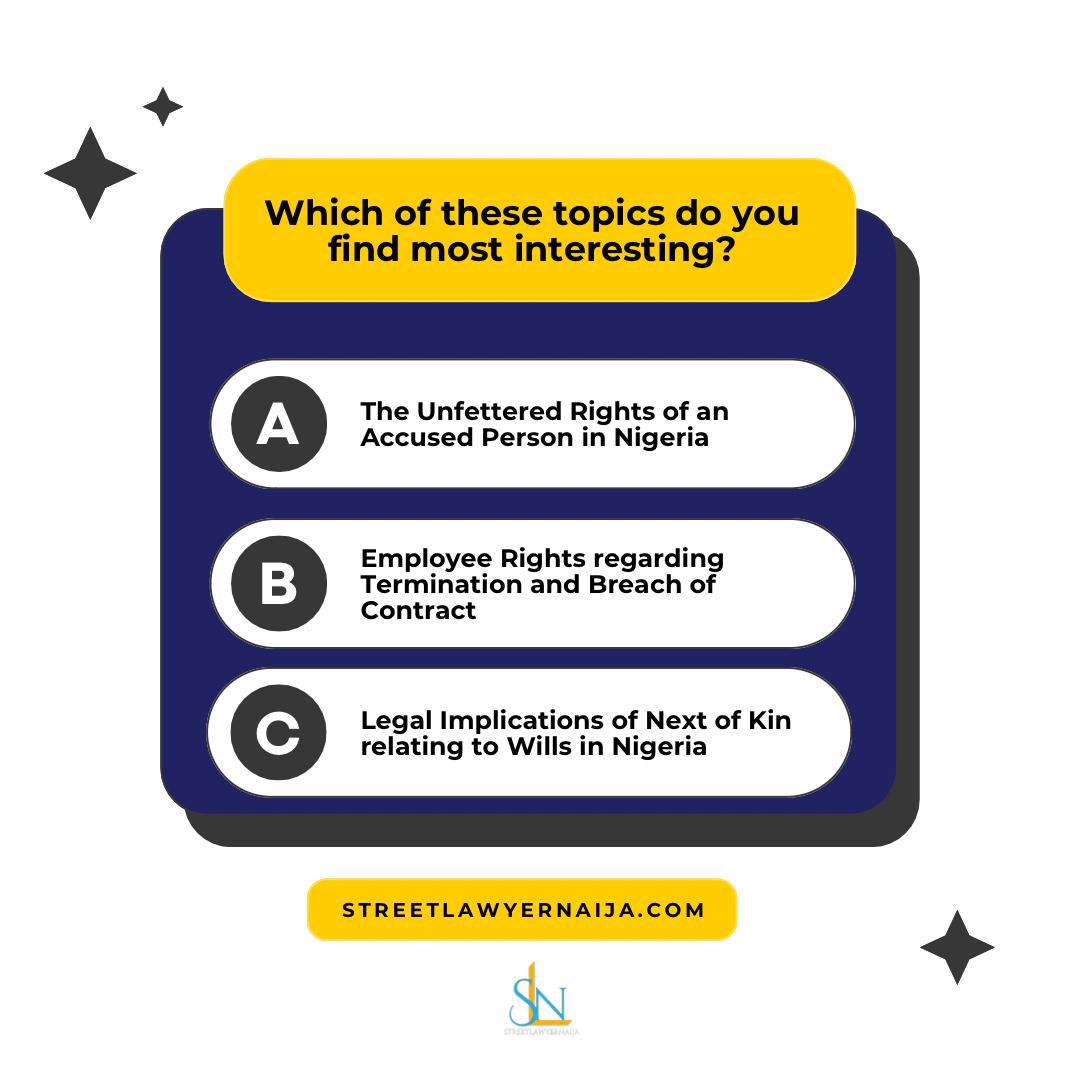 TStreetlawyers's tweet photo. Today is your last chance to vote for your preferred topic and also to let us know which topic you would like us to write about next.

Click on the link https://t.co/q5aIJoozGs to vote! 

#legal #law #nigeria #accused #employee https://t.co/Q0j6iWQKtV