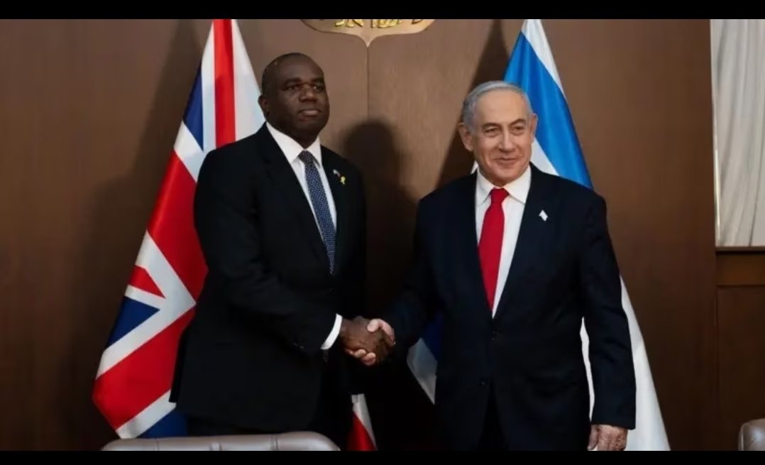 redgranny10's tweet photo. Foreign secretary David Lammy has appeared shaking hands with Benjamin Netanyahu on a trip to Israel. The chief prosecutor at the ICC is currently pursuing an arrest warrant for the Israeli prime minister in relation to ongoing atrocities in Gaza. https://t.co/HYNt6WCngf
