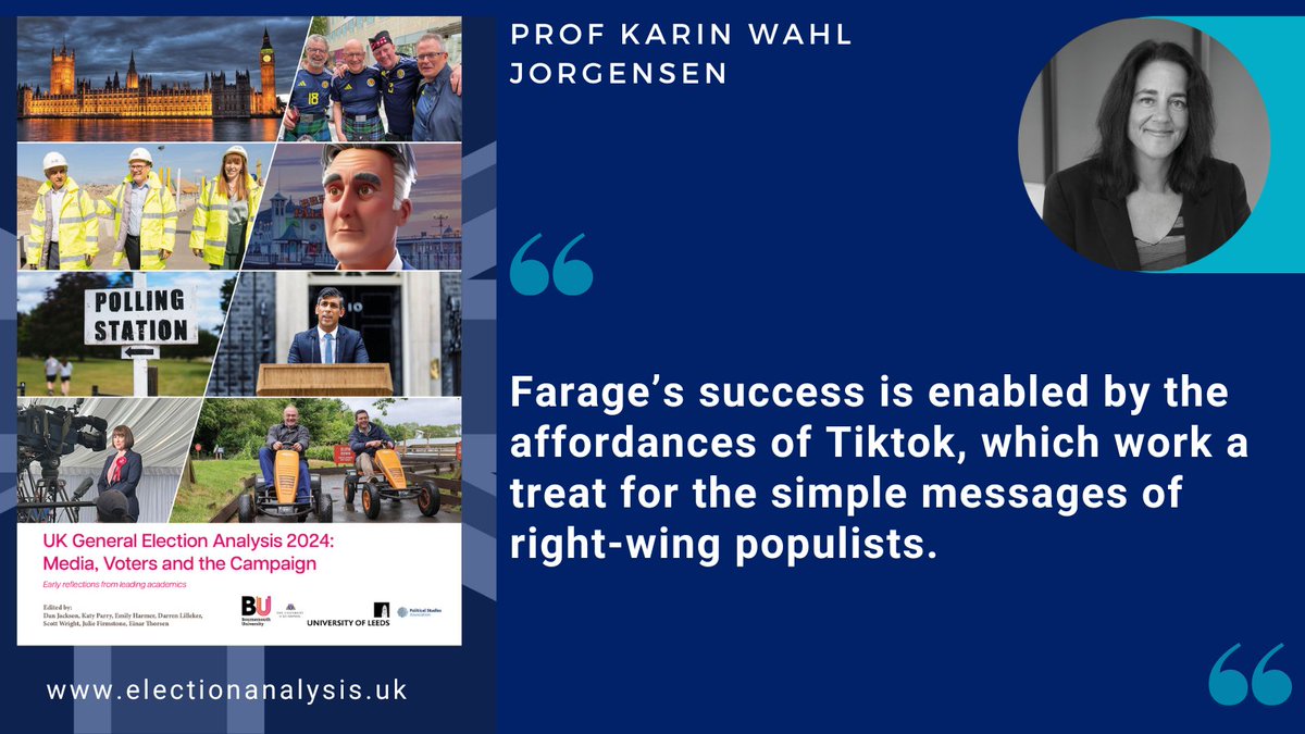 "Farage’s success is enabled by the affordances of Tiktok, which work a treat for the simple messages of right-wing populists." writes <a href="/KarinWahlJ/">Karin Wahl-Jorgensen</a> in Election Analysis 2024 electionanalysis.uk