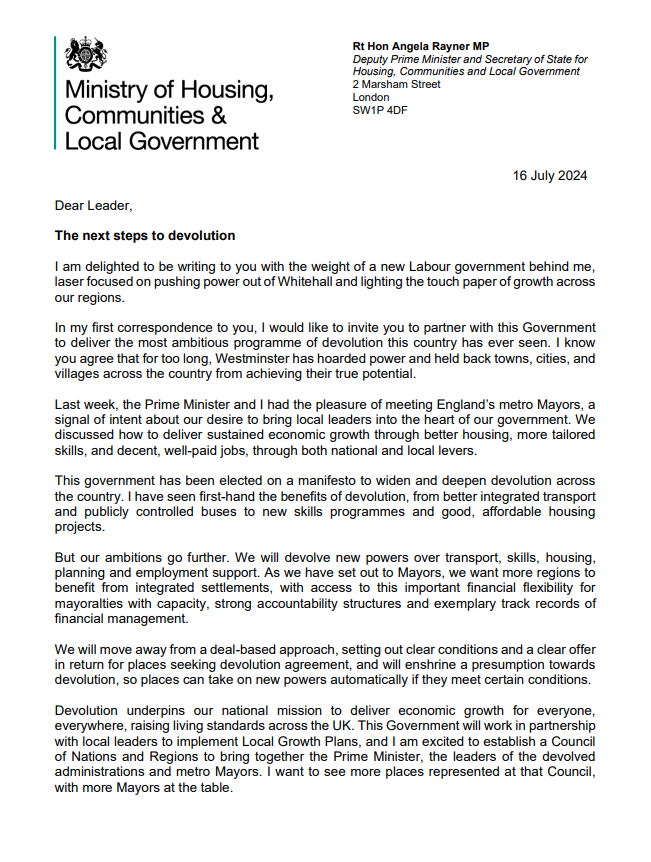JackTShaw's tweet photo. The Ministry for Housing, Communities &amp; Local Government wrote to local authorities yesterday.

It will (a) establish a new Devolution Framework that "moves away from a deal-based approach" and (b) enshrine a presumption towards devolution: https://t.co/PVXq4j2fQh