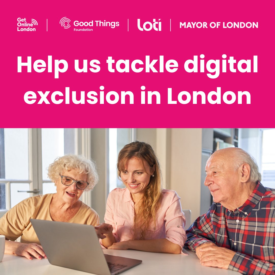 Help us tackle digital exclusion through #GetOnlineLondon.

With <a href="/LOTI_LDN/">London Office of Technology and Innovation</a> and <a href="/MayorofLondon/">Mayor of London, Sadiq Khan</a>, Get Online London empowers Londoners to get online with free data, devices &amp; digital skills training.

Make a difference and get involved at bit.ly/3WdZwK0.
