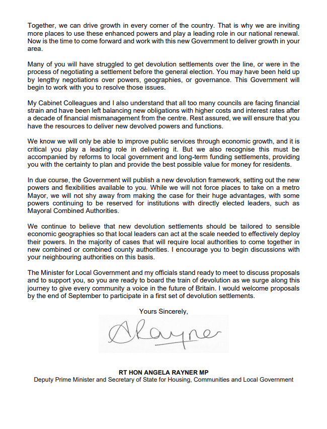 The Ministry for Housing, Communities &amp; Local Government wrote to local authorities yesterday.

It will (a) establish a new Devolution Framework that "moves away from a deal-based approach" and (b) enshrine a presumption towards devolution: