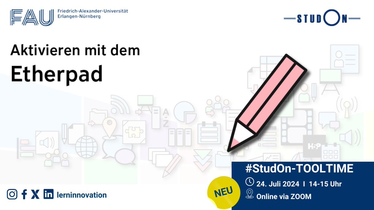 🆕 StudOn-Tooltime – Objekte didaktisch einsetzen

„Aktivieren mit dem "Etherpad"
📅 24. Juli 2024
🕑 14-15 Uhr
📍 Online via Zoom (Link in Bio)

Keine Anmeldung erforderlich! Anrechnung mit 1AE für Zertifikat möglich.
<a href="/UniFAU/">FAU Erlangen-Nbg</a>