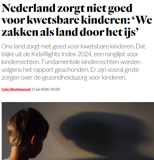 Nederland op plek 19 KidsRights Index kidsrights.org/nl/nieuws/kids…
o.a. door wachtlijsten in jeugdzorg en jeugdbescherming  en schenden fundamentele kinderrechten parool.nl/nederland/nede…
"Beschamend voor zo'n rijk land!" #jeugdzorg #Kidsrights