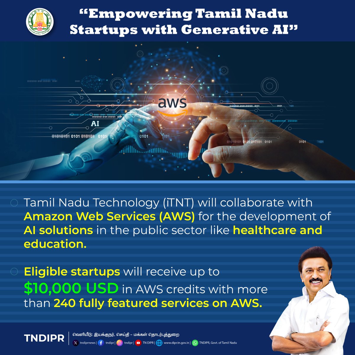 TNDIPRNEWS's tweet photo. Empowering Tamil Nadu startups with Generative AI

@CMOTamilnadu @mkstalin 
@mp_saminathan @ptrmadurai 

#TNDIPR #TNMediahub #CMMKStalin 
#ai #Empowerment #tamilnadu #IT #iTNT #AWS #healthcare #HealthcareInnovation #PeoplesGovt #peoplecm #tngovtschemes https://t.co/qK490UNN8f