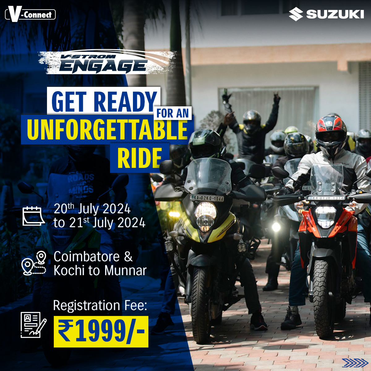 suzuki2wheelers's tweet photo. Get ready for the ultimate adventure with Suzuki V-Strom Engage Rideout!
Flagging off an exciting ride from Coimbatore and Kochi to Munnar on July 20-21. 
Register now for just ₹1999 and secure your spot on this unforgettable journey!​

#SuzukiIndia #VConnect #VstromEngage https://t.co/bOfAvq7DPD
