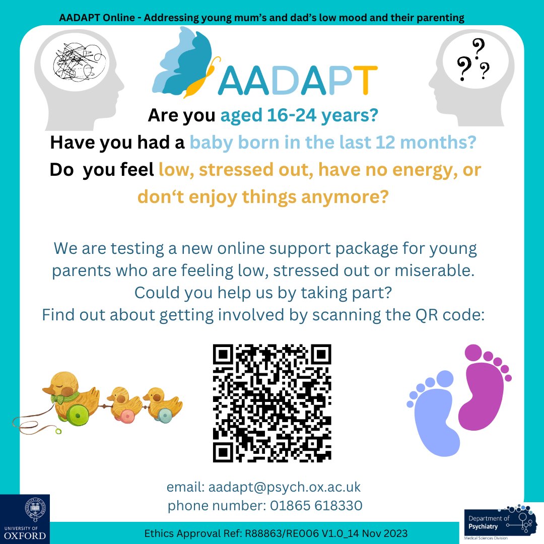 OxfordBrainStory (@oxbrainstory) on Twitter photo Are you feeling low, stressed and overwhelmed?
A Dad or a Mum aged 16-24?
Have a baby under 12 months?
The AADAPT study might be able to help
Scan below to find out more and how to get involved
<a href="/Child_Leeds/">Child Friendly Leeds</a> <a href="/LeedsDads/">Leeds Dads</a> <a href="/HolbeckTogether/">Holbeck Together</a> Are you feeling low, stressed and overwhelmed?
A Dad or a Mum aged 16-24?
Have a baby under 12 months?
The AADAPT study might be able to help
Scan below to find out more and how to get involved
<a href="/Child_Leeds/">Child Friendly Leeds</a> <a href="/LeedsDads/">Leeds Dads</a> <a href="/HolbeckTogether/">Holbeck Together</a>