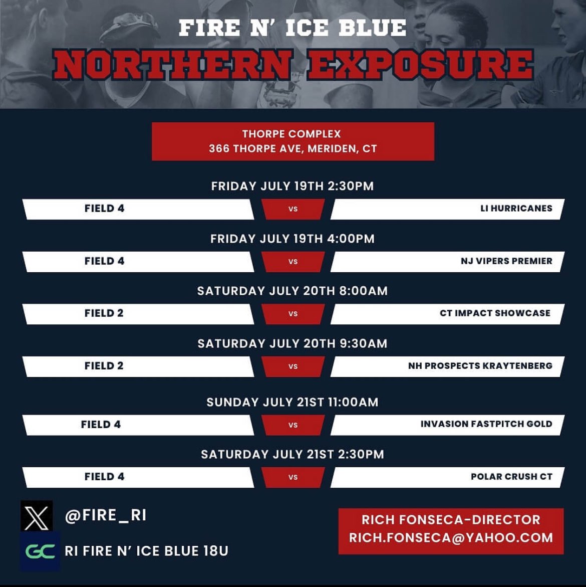 Ava DiFiore (@avadifiore2025) on Twitter photo Northern Exposure in Meriden, CT this weekend! LETS GOOO β€οΈπ
<a href="/fire_ri/">RI Fire Nβ Ice Softball</a> <a href="/DSUSBOfficial/">DeSales Softball</a> <a href="/Coach_BirchSB/">sarah birchmeier</a> <a href="/CoachAli_SCSB/">Coach Ali Maloof</a> <a href="/KelseyChrist221/">Coach Kelsey</a> <a href="/CoachWhitSB/">Whitney Mollica Goldstein</a> <a href="/StaceyMayer_/">Coach Stacey Mayer</a> Northern Exposure in Meriden, CT this weekend! LETS GOOO β€οΈπ
<a href="/fire_ri/">RI Fire Nβ Ice Softball</a> <a href="/DSUSBOfficial/">DeSales Softball</a> <a href="/Coach_BirchSB/">sarah birchmeier</a> <a href="/CoachAli_SCSB/">Coach Ali Maloof</a> <a href="/KelseyChrist221/">Coach Kelsey</a> <a href="/CoachWhitSB/">Whitney Mollica Goldstein</a> <a href="/StaceyMayer_/">Coach Stacey Mayer</a>
