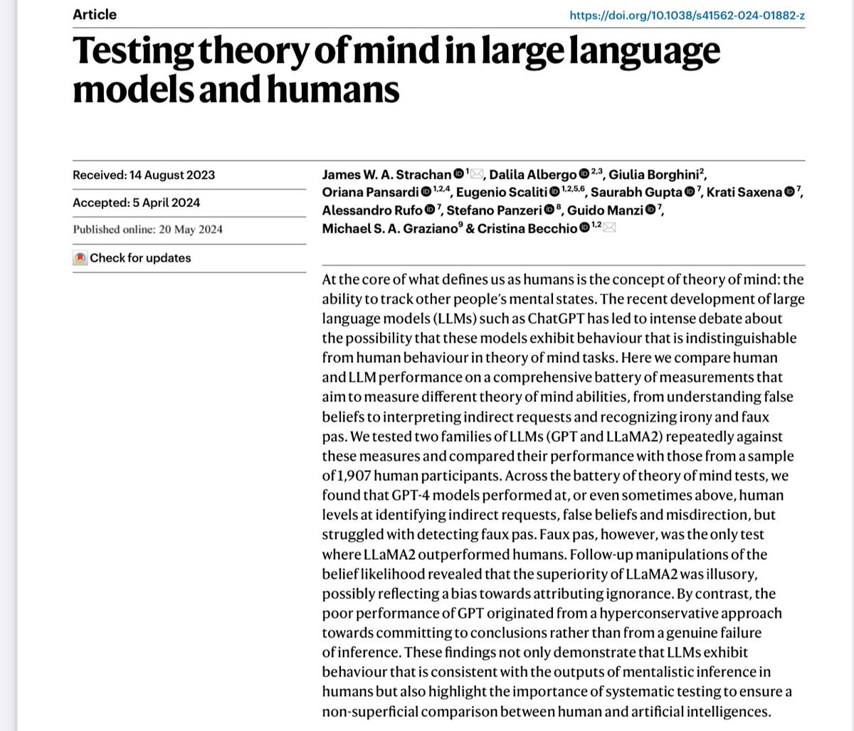 Does GPT-4 have Theory of Mind?

Apparently. “Across the battery of theory of mind tests, we found that GPT-4 models performed at, or even sometimes above, human levels” except when detecting faux pas, but that turned out to be an issue with guardrails. nature.com/articles/s4156…