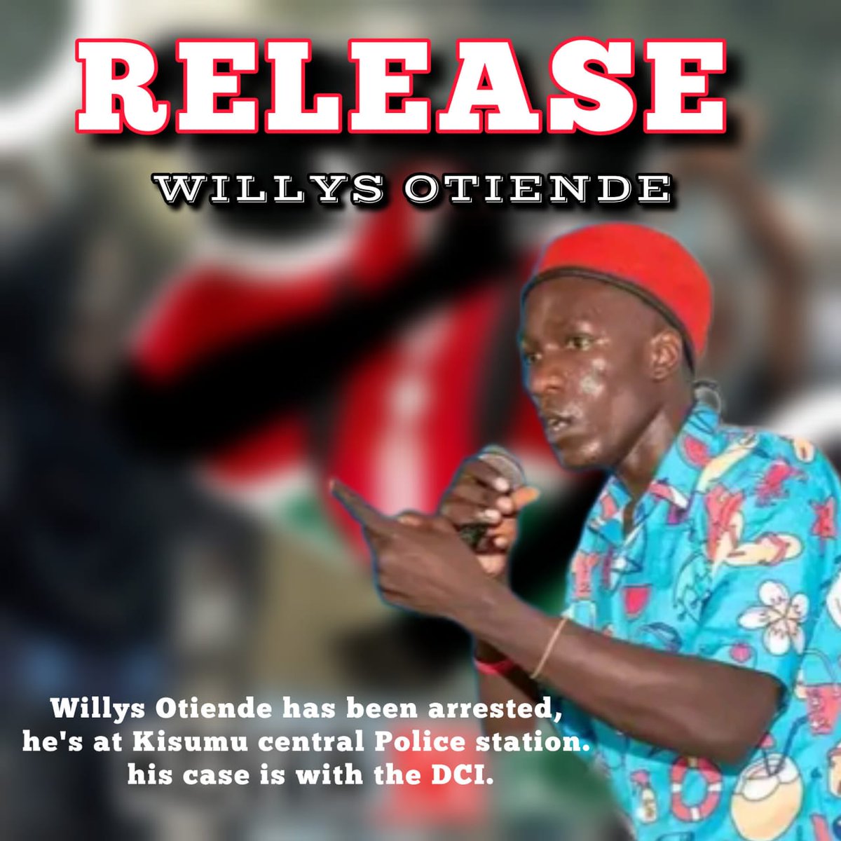 #FreeWillysOtiendeNow
Why are the peaceful protesters being abducted/arrested? 

Why not arrest goons, corrupt leaders, incompetent people in offices.

FREE comrade Willys Atiende of Manyata social justice centre who was arrested during protests in kisumu
#StopAbduction #Justice