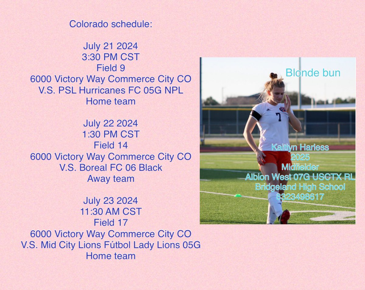 Here is my schedule for Colorado Nationals! I’m so excited to be playing in this tournament with my team. <a href="/MercerWSoccer/">Mercer Women's Soccer</a> <a href="/MeanGreenSoccer/">UNT Soccer</a> <a href="/HailStateSOC/">Mississippi State Soccer</a>