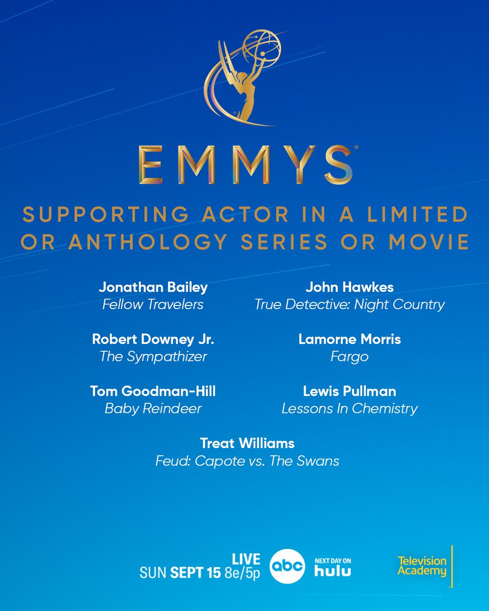 TelevisionAcad's tweet photo. Congratulations to the 76th #Emmy Award nominees for Outstanding Supporting Actor in a Limited or Anthology Series or Movie:

Jonathan Bailey
@RobertDowneyJr
Tom Goodman-Hill
John Hawkes
@lamornemorris
Lewis Pullman
@rtreatwilliams

#Emmys #EmmyNoms #TelevisionAcademy https://t.co/spKeiJ38DQ
