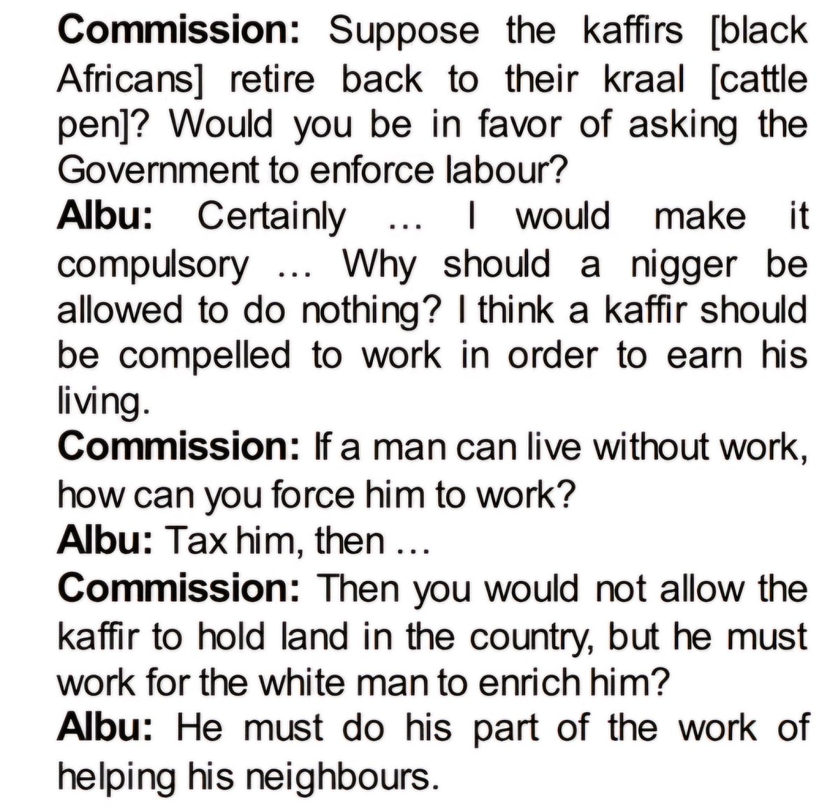 xspotsdamark's tweet photo. Diamond magnete George Albu detailing his plans to the Apartheid  commission to strip Black South Africans of their land &amp; force them to work for Whites for low wages. George Albu also founded the company that would later become De Beers diamonds. https://t.co/JXrUBXmdIs