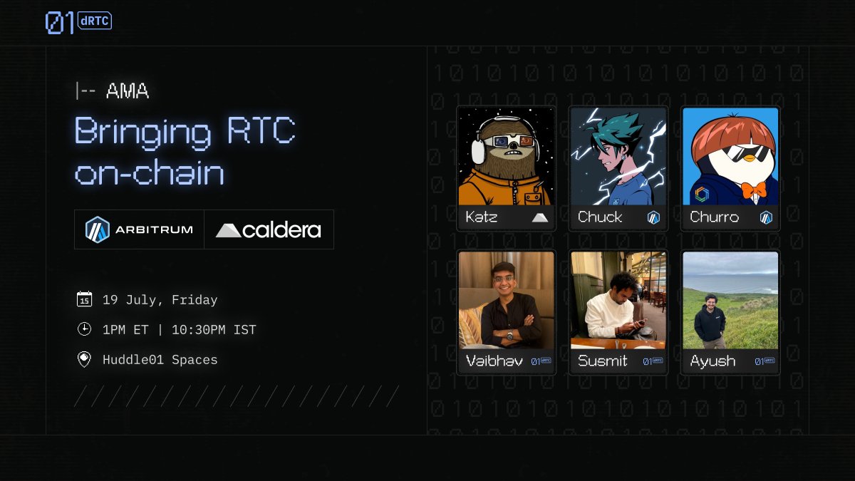Catch us this Friday on <a href="/MeetOnHuddle01/">Huddle01 Meet (📹,🎙️)</a>🎙️ where we'll discuss our recent collaboration w/ <a href="/arbitrum/">Arbitrum</a> &amp; <a href="/Calderaxyz/">Caldera</a> to bring RTC on-chain.

🎙️<a href="/0xkatz/">Katz 🌋 (cald/era)</a> <a href="/Churro808/">Churro</a> <a href="/allred_chase/">Chunk</a> @0xvaibhav <a href="/Susmit_Lavania/">Susmit | Huddle01</a> <a href="/ranjan3118/">Ayush Ranjan | Testnet is LIVE</a> 
🗓️19th July, 1PM ET | 10:30PM IST
RSVP 👉 lu.ma/huddle01AMA