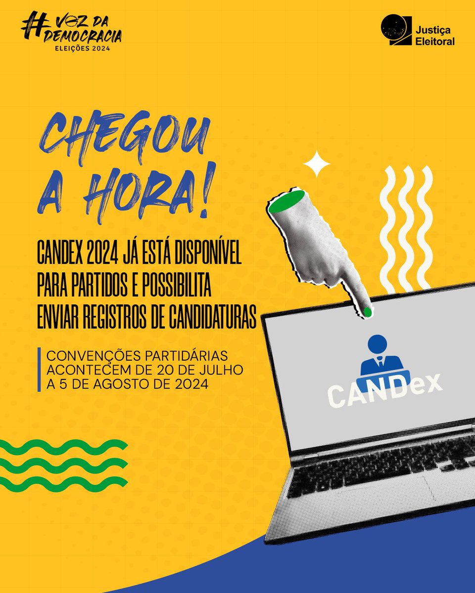 O CANDex é um dos sistemas da #JustiçaEleitoral mais importantes para as #Eleições2024. Por meio dele, os partidos políticos deverão fazer os requerimentos de registro de candidatura e os registros das atas das convenções partidárias.

#Eleições2024 #VozDaDemocracia