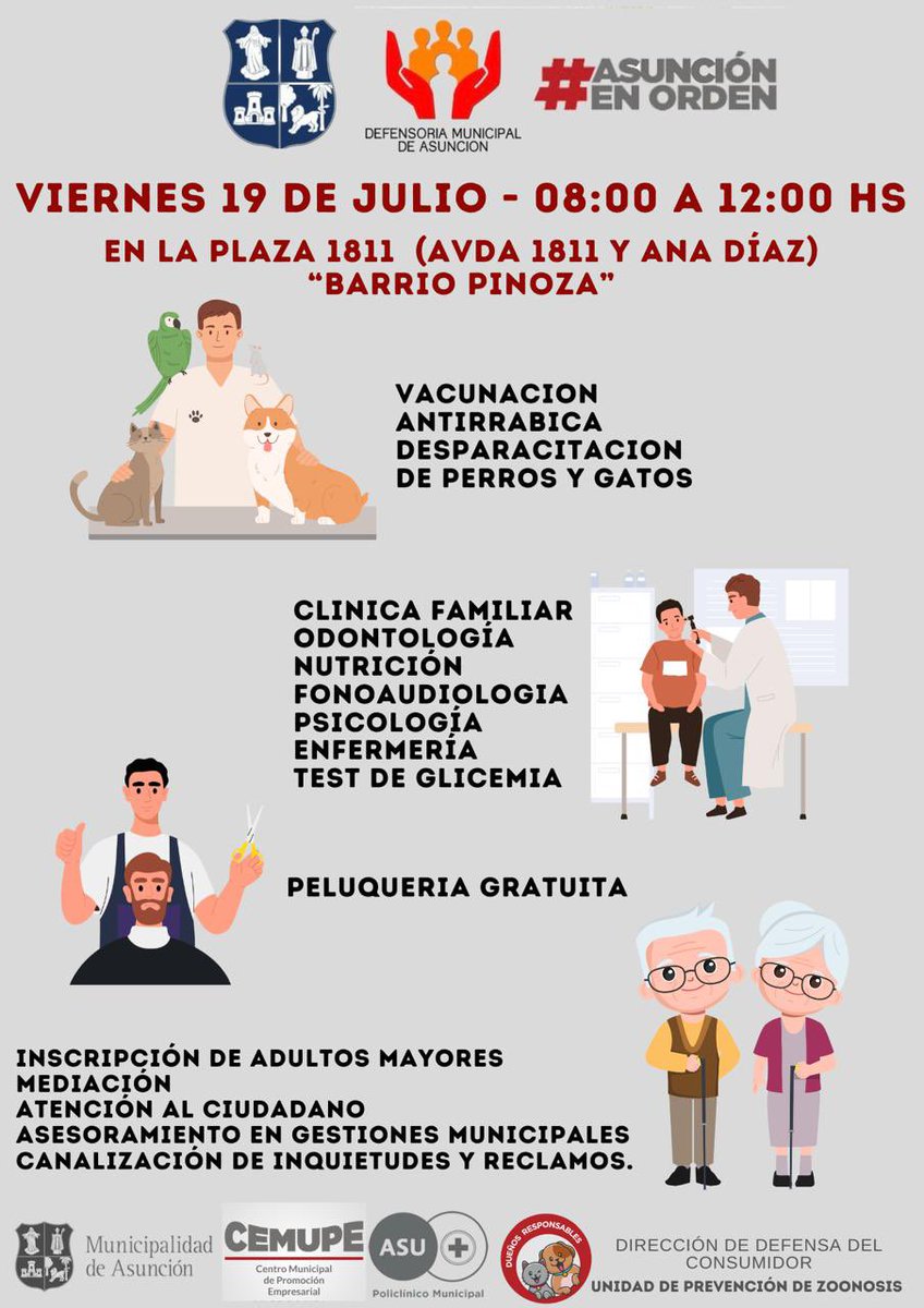 PyFusion's tweet photo. Este Viernes 19 de Julio 
De 08:00hs a 12:00hs 
Acercamos al Barrio servicios básicos de atención a los vecinos Pinoñceños.
En la Plaza 1811
#Inscripcion_Adultos_Mayores
#Vacunacion_animales
#Peluqueria_Gratuita
#Clinica_Familiar 
Odontología 
Nutrición 
Psicología
Enfermería https://t.co/sSTSGXiudS