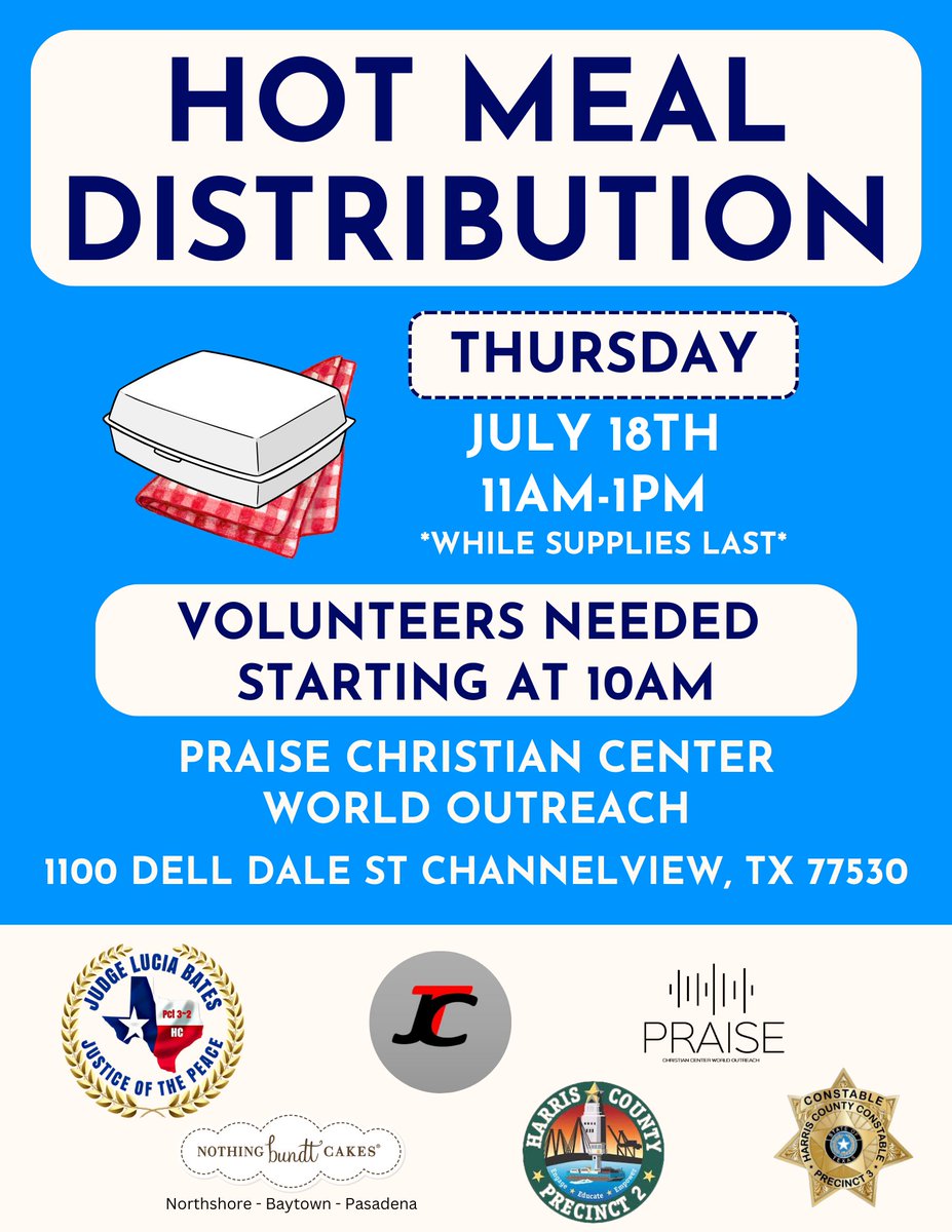 NCACC_'s tweet photo. Free hot meals this Thursday, July 18th from 11am-1pm at Praise Christian Center World Outreach on Dell Dale. https://t.co/5MEkC7m5tL