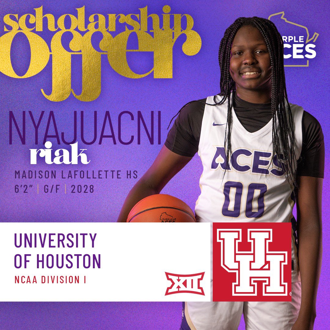 Purple Aces (@purpleaceswi) on Twitter photo ⭐️<a href="/NyajuacniRiak/">Nyajuacni Riak</a> (2028)
⛹🏿♀️ 6’2” | G/F
🏫Madison La Follette HS
Earned a scholarship offer from HC Ron Hughey, Associate HC Tai Dillard, and the University of Houston Cougars of the BIG 12 Conference‼️
🐤 @CoachHugheyUH @UHCoachTai <a href="/UHCougarWBB/">Houston Women's Basketball</a> <a href="/Big12Conference/">Big 12 Conference</a>
💟🖤 #PlayAces ⭐️<a href="/NyajuacniRiak/">Nyajuacni Riak</a> (2028)
⛹🏿♀️ 6’2” | G/F
🏫Madison La Follette HS
Earned a scholarship offer from HC Ron Hughey, Associate HC Tai Dillard, and the University of Houston Cougars of the BIG 12 Conference‼️
🐤 @CoachHugheyUH @UHCoachTai <a href="/UHCougarWBB/">Houston Women's Basketball</a> <a href="/Big12Conference/">Big 12 Conference</a>
💟🖤 #PlayAces