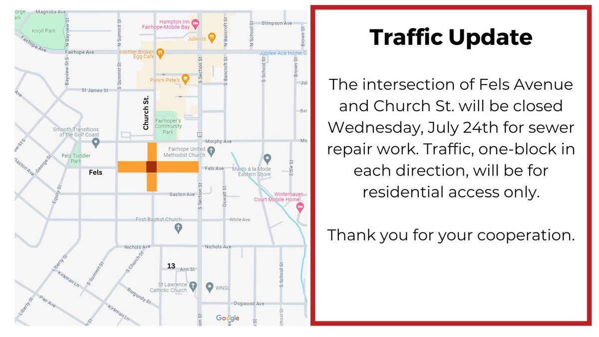 FairhopePD's tweet photo. Utility work originally scheduled for today, has been delayed until next Wednesday. https://t.co/xUpmBZFcza