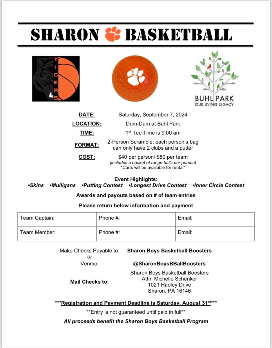 Sharon boys basketball annual golf scramble September 7th sign up! registration ends August 31st 🐅🐅