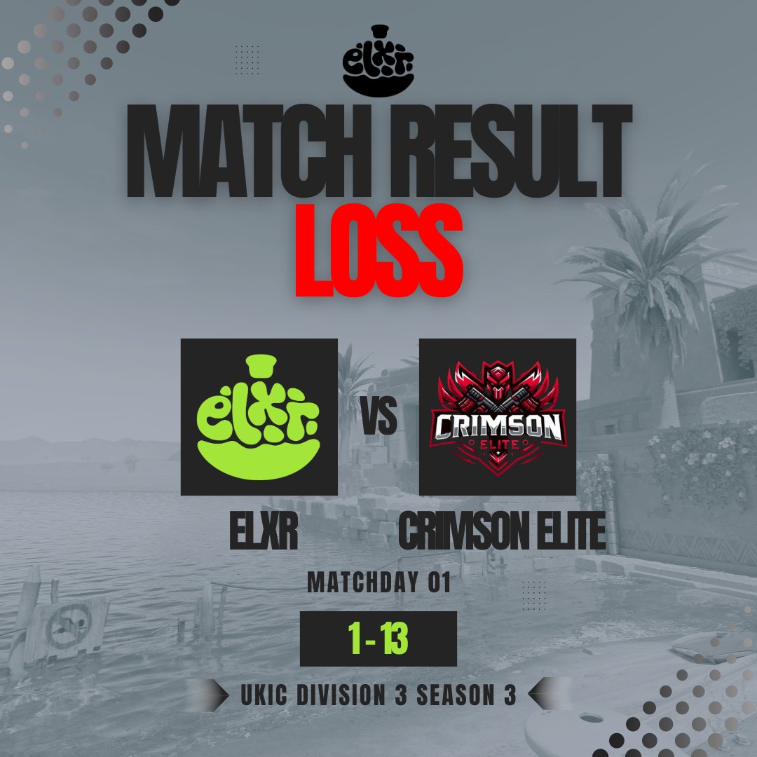 Elixir (ELXR) (@elxrcs) on Twitter photo Not how we wanted the season to start, but at least we got 1 right?😶
GG to <a href="/cs2crimson/">Crimson Elite</a>!
We'll be back in action with 3 <a href="/UKICircuit/">UK & Ireland Circuit</a> matches next week!👋
1⃣ Monday 22nd @ 7:30pm
2⃣ Tuesday 23rd @ 8:30pm
3⃣ Tuesday 23rd @ 9:30pm Not how we wanted the season to start, but at least we got 1 right?😶
GG to <a href="/cs2crimson/">Crimson Elite</a>!
We'll be back in action with 3 <a href="/UKICircuit/">UK & Ireland Circuit</a> matches next week!👋
1⃣ Monday 22nd @ 7:30pm
2⃣ Tuesday 23rd @ 8:30pm
3⃣ Tuesday 23rd @ 9:30pm