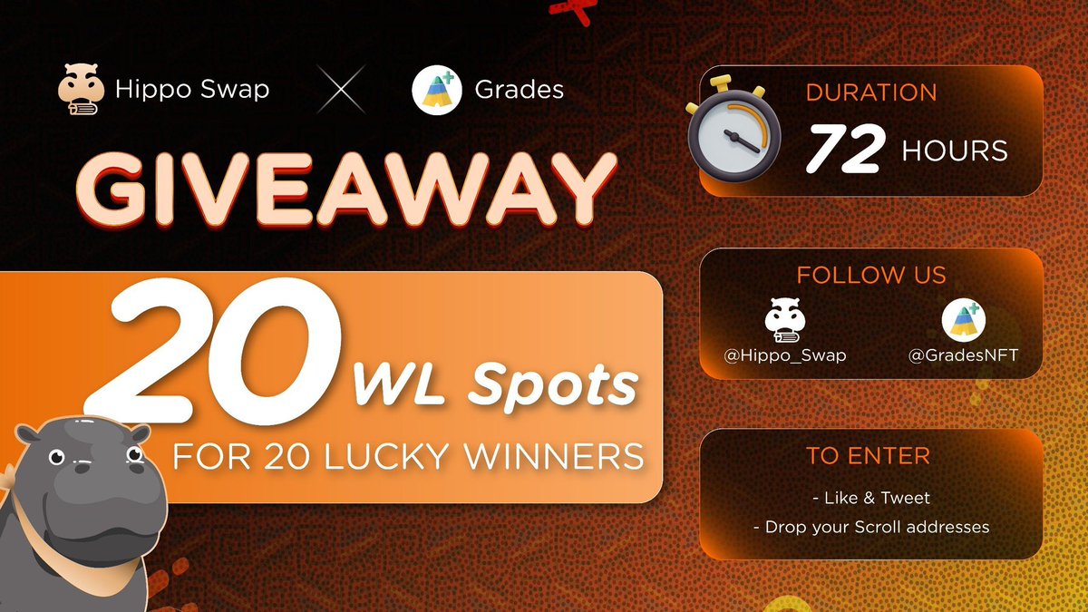 🔥 We are delighted to unveil our new ecosystem partner: <a href="/GradesNFT/">Grades</a>

To celebrate this alliance, we are granting 20 #Whitelist Spots to our supporters 🚀 

How to participate:

1️⃣ Follow: <a href="/Hippo_Swap/">Hippo Swap</a> &amp; <a href="/GradesNFT/">Grades</a>
2️⃣ Like and Retweet this post
3️⃣ Drop your Scroll addresses