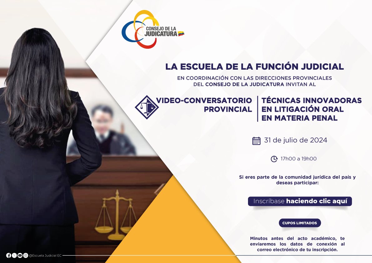 AzuayCJ's tweet photo. 📚 Te invitamos a participar en el #VideoConversatorio “Técnicas innovadoras en #LitigaciónOral en materia penal”.
El evento es virtual y se desarrollará el 31 de julio a las 17:00.
Inscríbete ⬇️
https://t.co/jLicp42hSj… https://t.co/RgoDbOKQrl