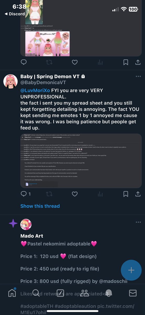 EekClouds's tweet photo. TERRIBLE CLIENT ALERT 

do not take commissions from this person! A friend of mine got a commission from her and DISCOUNTED THEIR PRICES FOR HER and she started to publicly shame them for “forgetting” small details that they fixed once asked to- AVOID BABY https://t.co/lCXX55fCzh