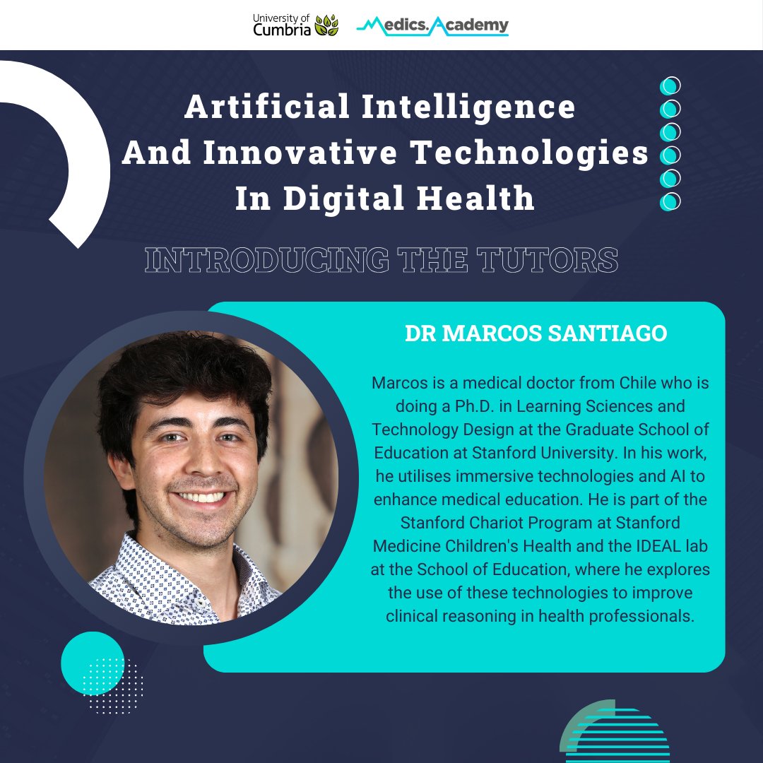 🔍Meet Dr. Marcos Santiago, one of our esteemed tutors for the Artificial Intelligence and Innovative Technologies in Digital Health programme. 🌟📚

🚀To learn more about the programme &amp; to apply: ow.ly/2fyK50SvKgk

#ArtificialIntelligence #DigitalHealth #FutureOfHealth