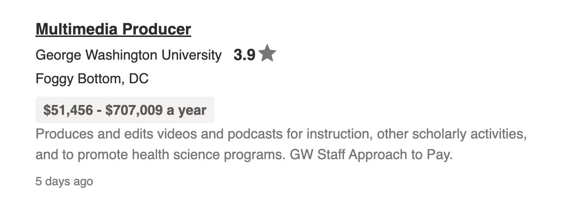 You could make up to $707,009 a year at this GW job;)

And this is all the experience you need: Qualified candidates will hold a Bachelor’s degree in an appropriate area of specialization plus 2 years of relevant experience.

You could also end up making $51,456. Quite a range...